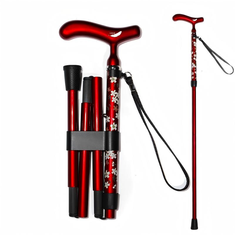 5 section Folding Carbon Fiber Walking Cane - Transparent red blossom