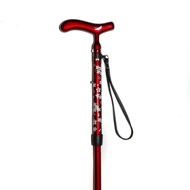5 section Folding Carbon Fiber Walking Cane - Transparent red blossom